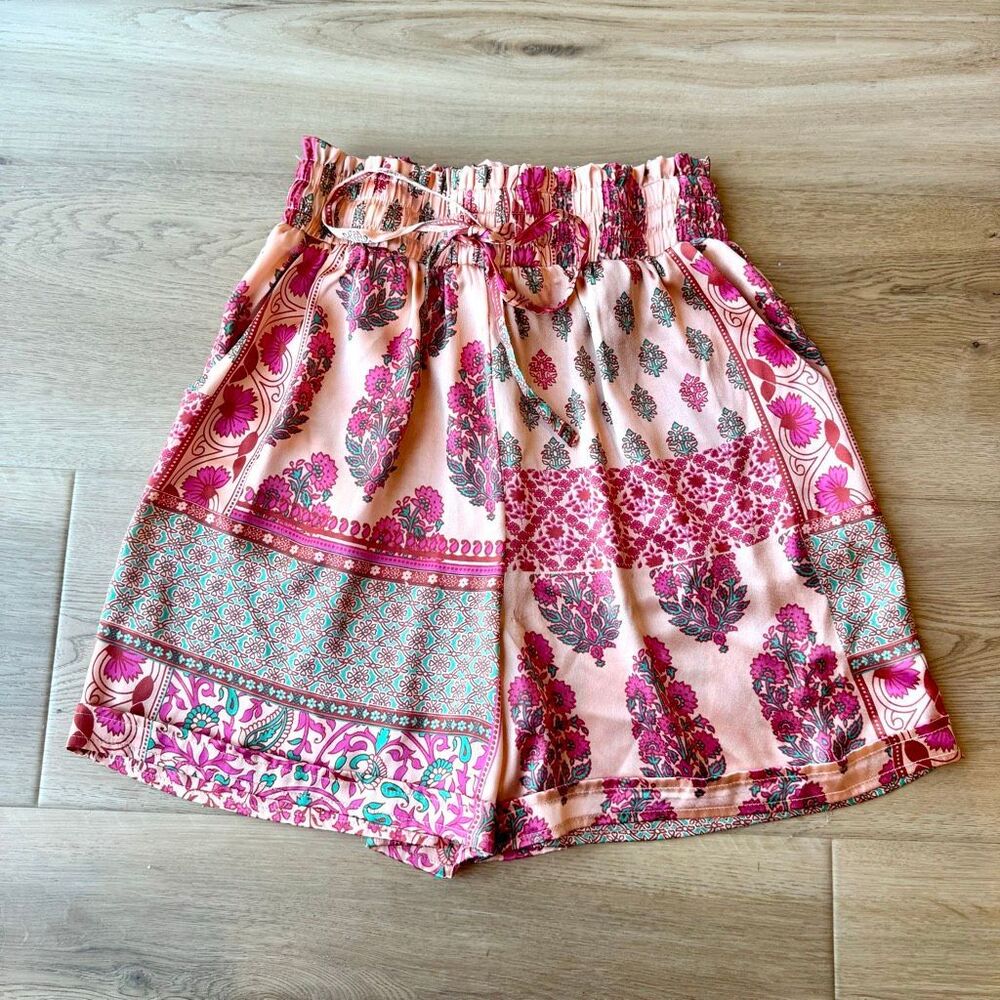 NWOT Bunulu Pink Paisley Boho Festival Flowy High Rise Indie Shorts Large
